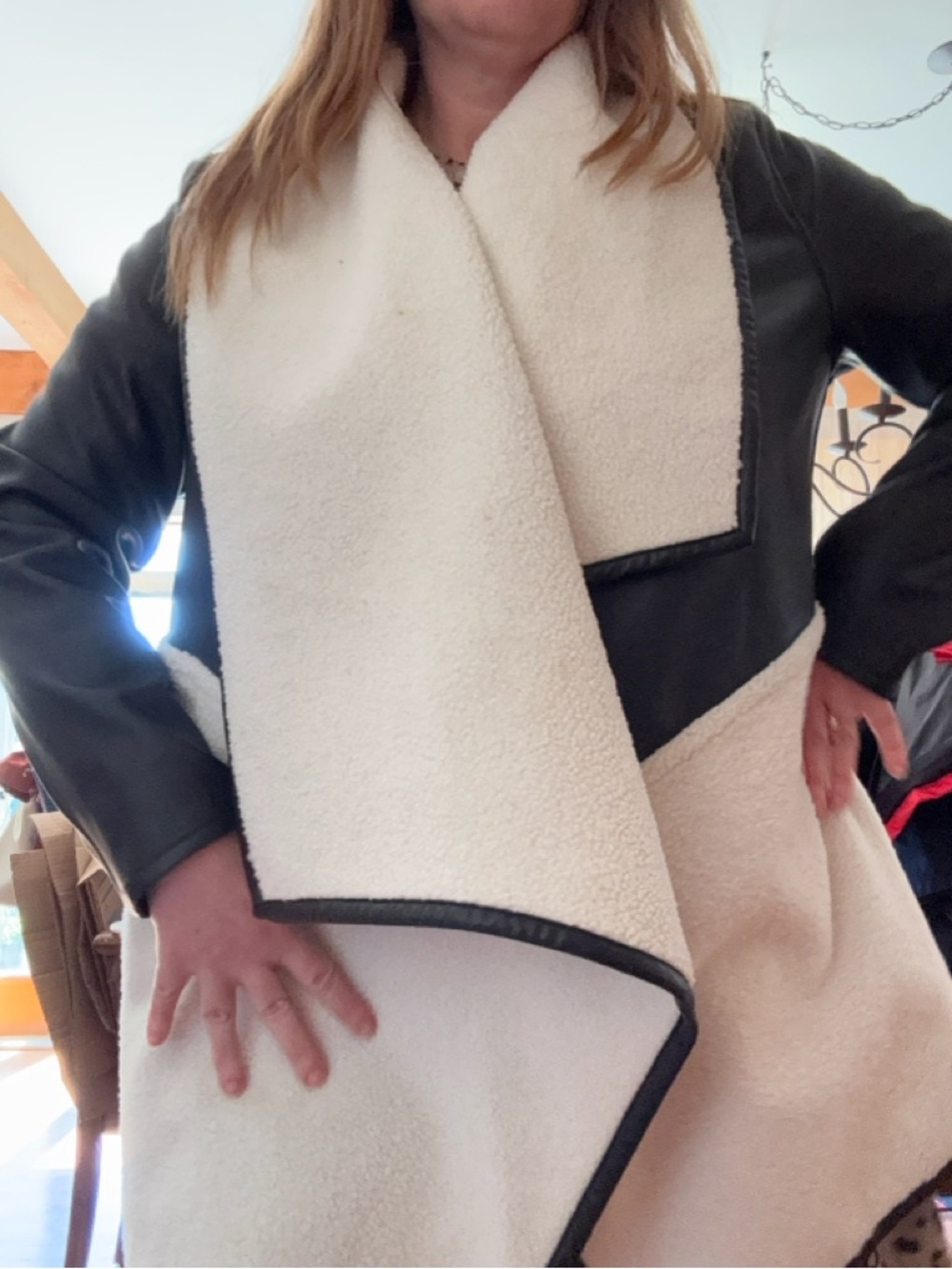 SPANX Cream Faux-Shearling Draped Vest with Black Trim